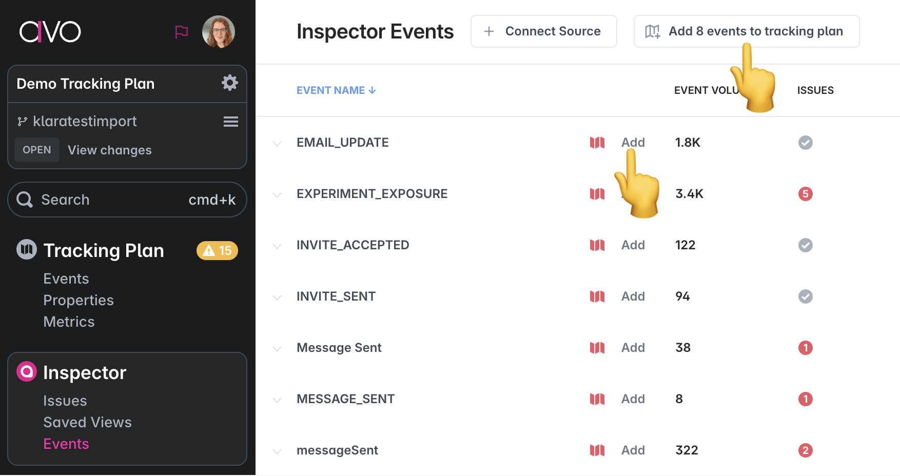 Add events from Inspector events image