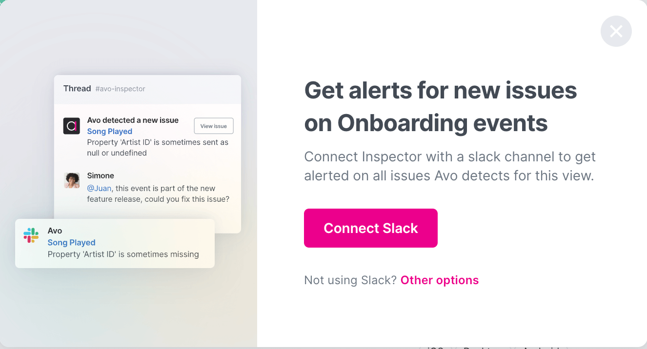 Image shows a modal with information about Slack alerts and a button to continue connecting to Slack.