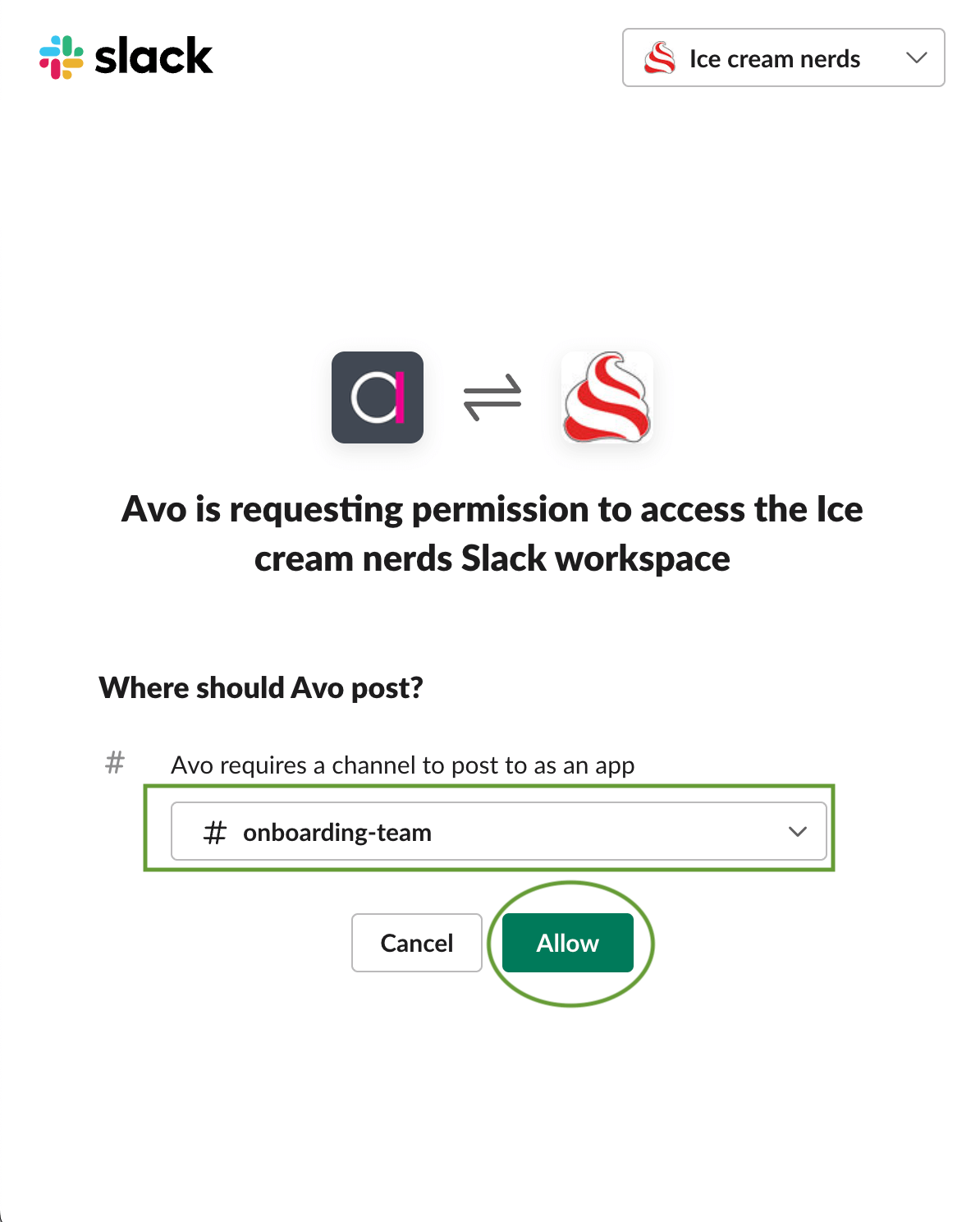 Image shows the Slack native modal where a Slack workspace and a channel have been selected and the Allow button highlighted.
