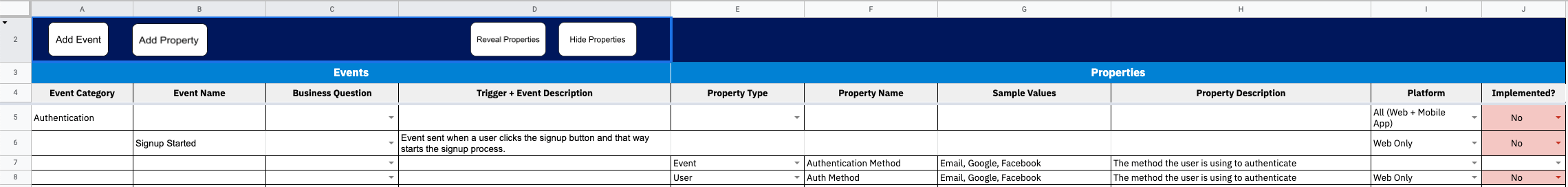 Screenshot of the Amplitude taxonomy spreadsheet template
