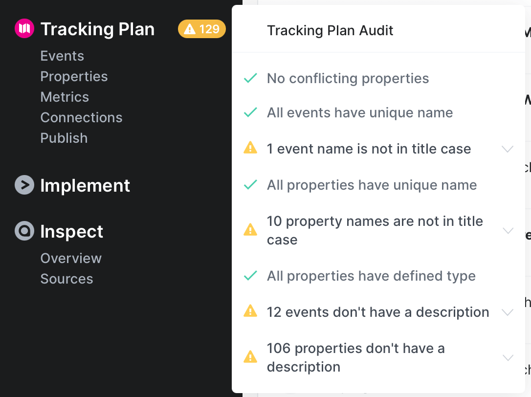 Avo tracking plan audit UI