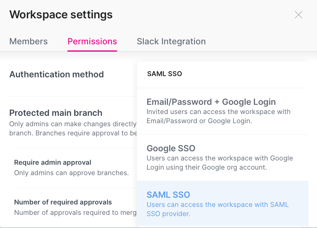 Authentication methods in workspace settings