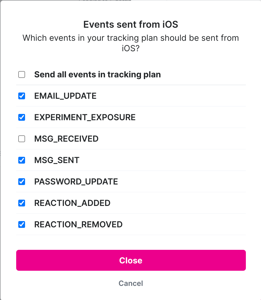 Check or uncheck events to add/remove from events list