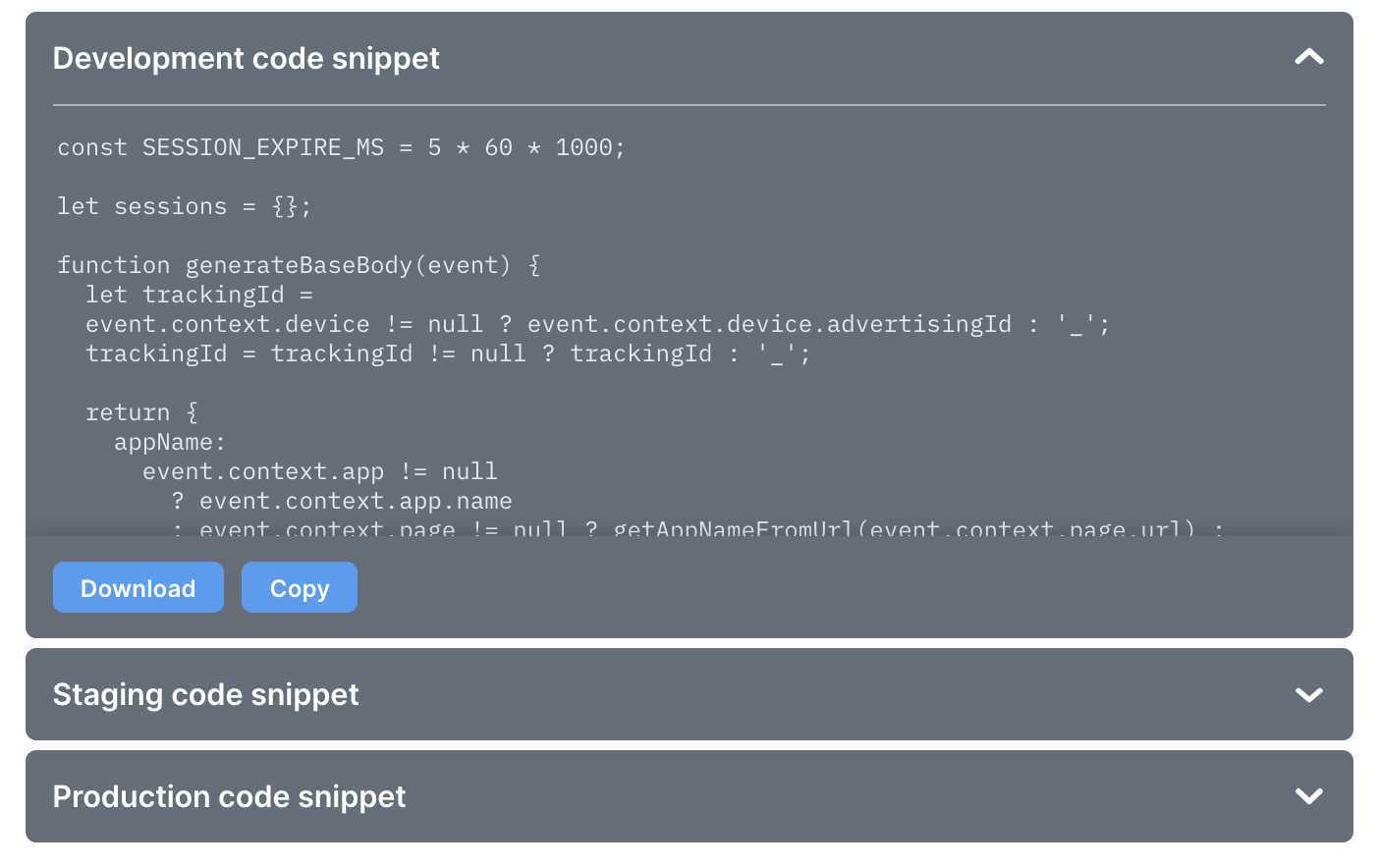 Development and production code snippets to integrate with Inspector