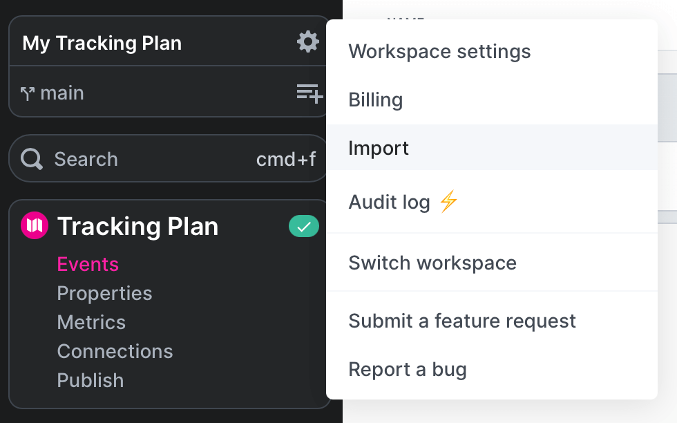 Import button in Avo workspace
