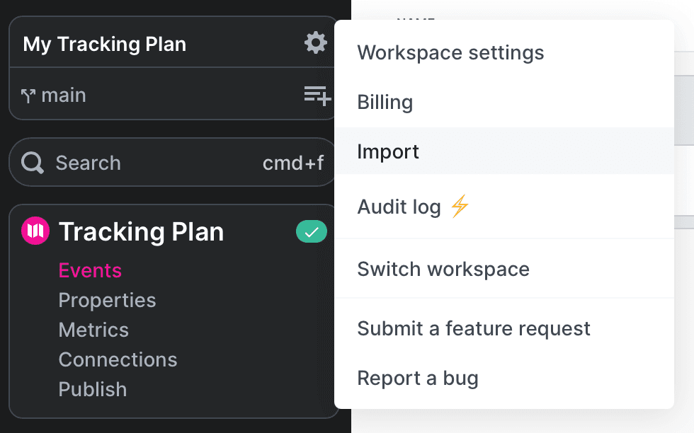 Import button in Avo workspace