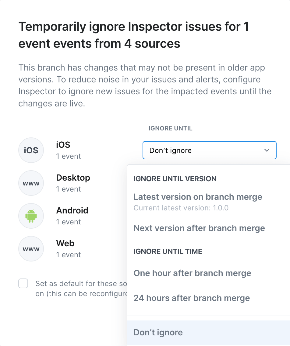 Image shows a modal where you can configure issue ignoring for each source