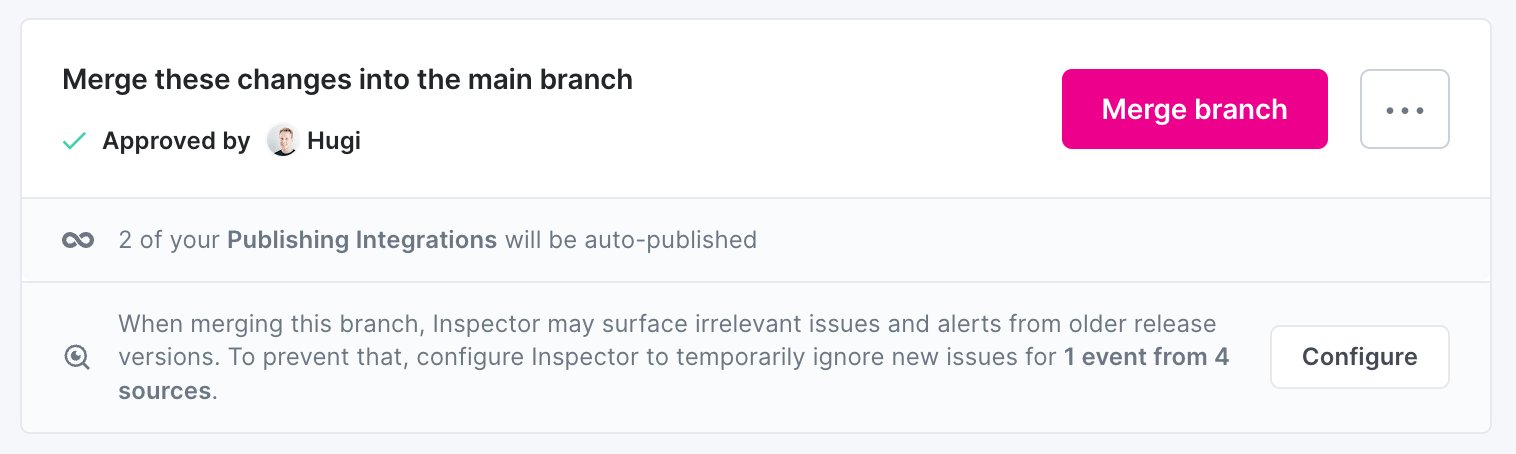 Image shows a panel below the branch merge button, highlighting there are changes on this branch that could cause irrelevant issues and alerts in Inspector
