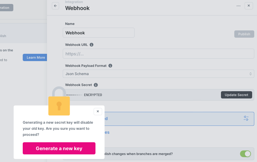The image shows a webhook integration and a button at the top labeled Webhook Secret which if clicked reveals the secret