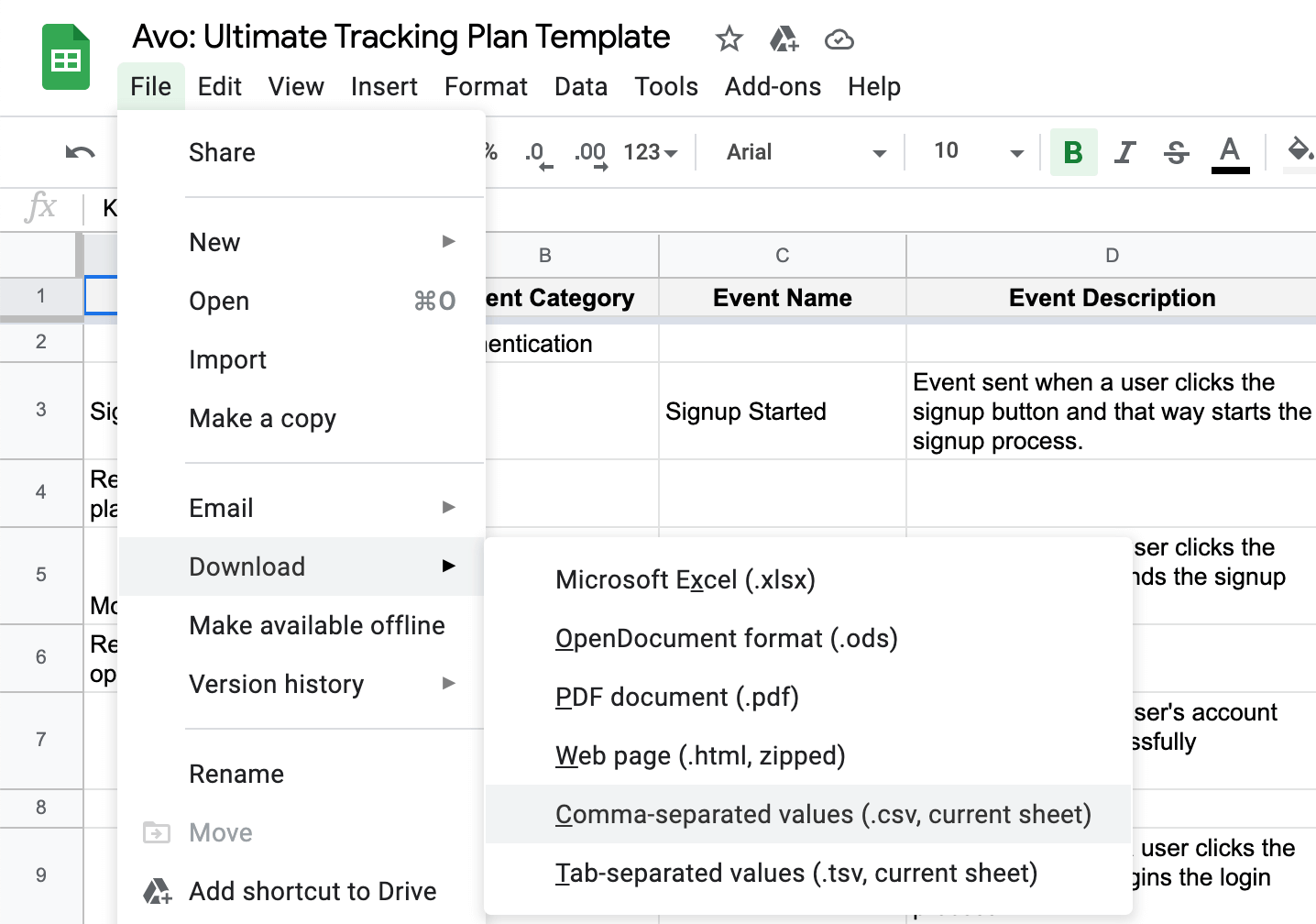 Screenshot of the Download CSV button in Google Sheets