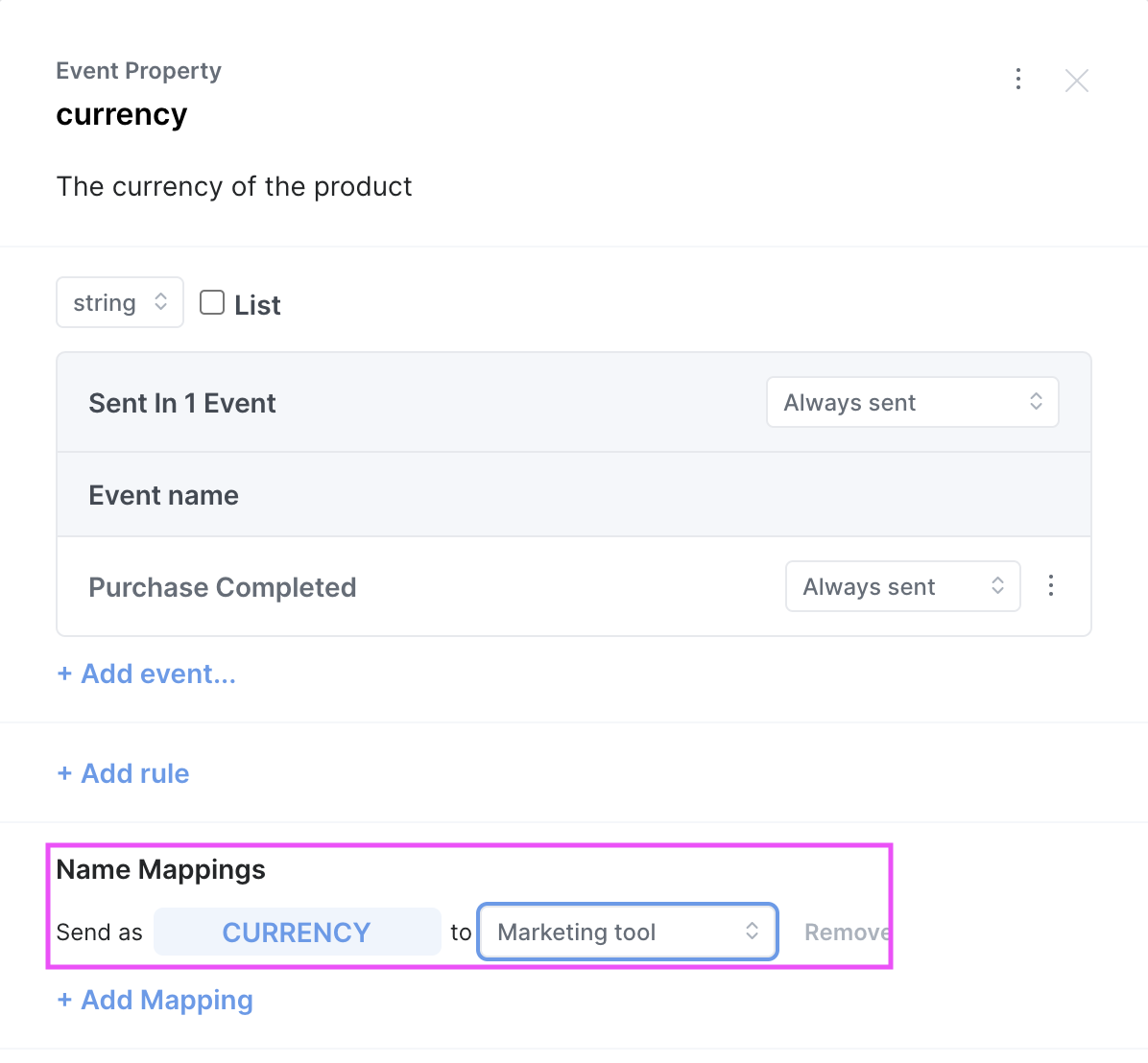 Property name mapping for a destination