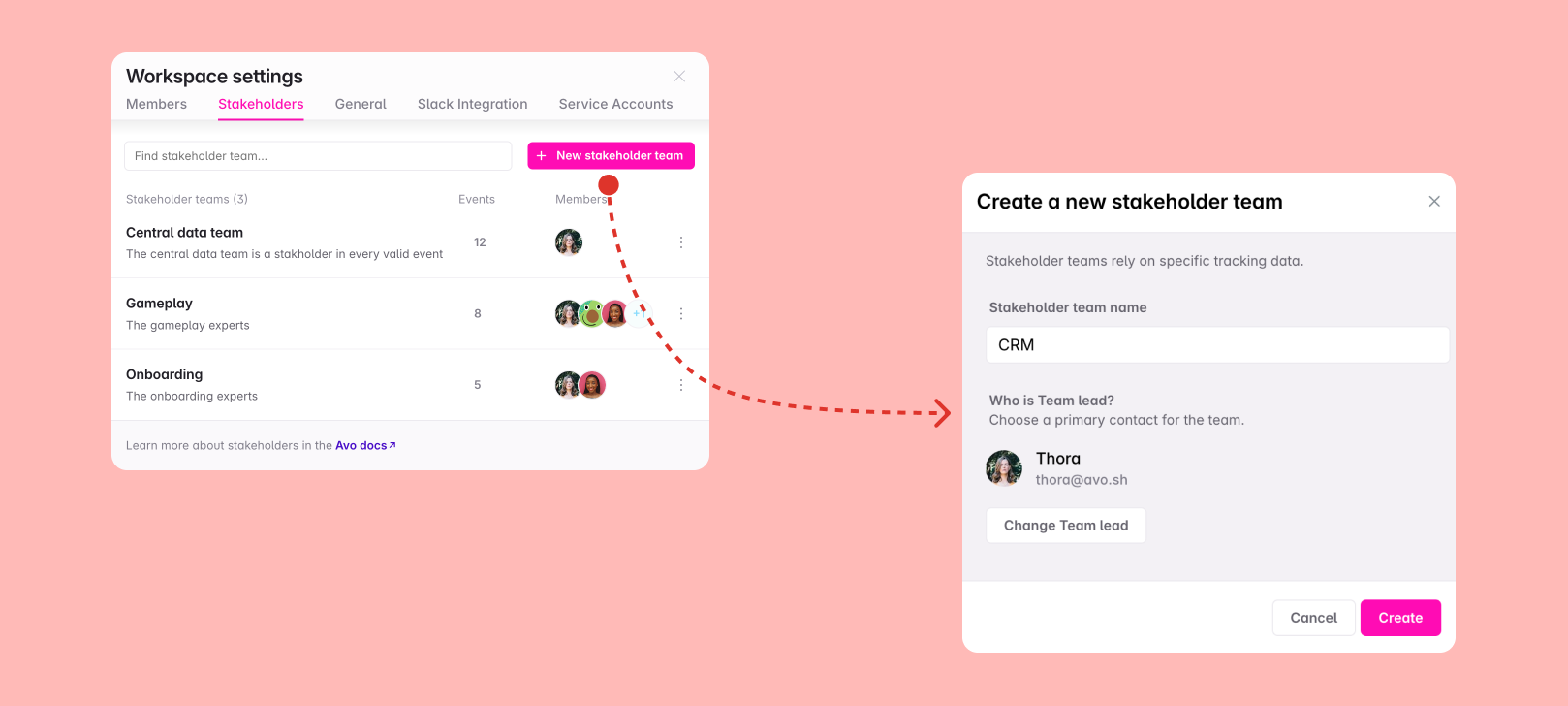 Screenshot of the stakeholder team section in the workspace settings modal where you can create a new stakeholder