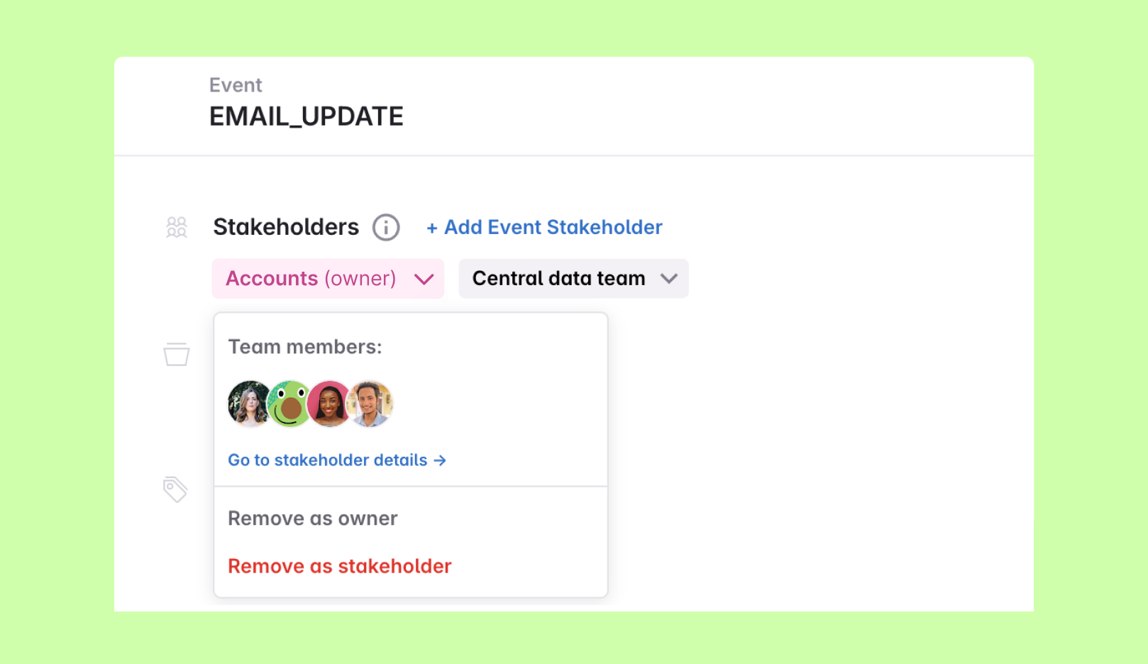 Avo event details view with stakeholder teams