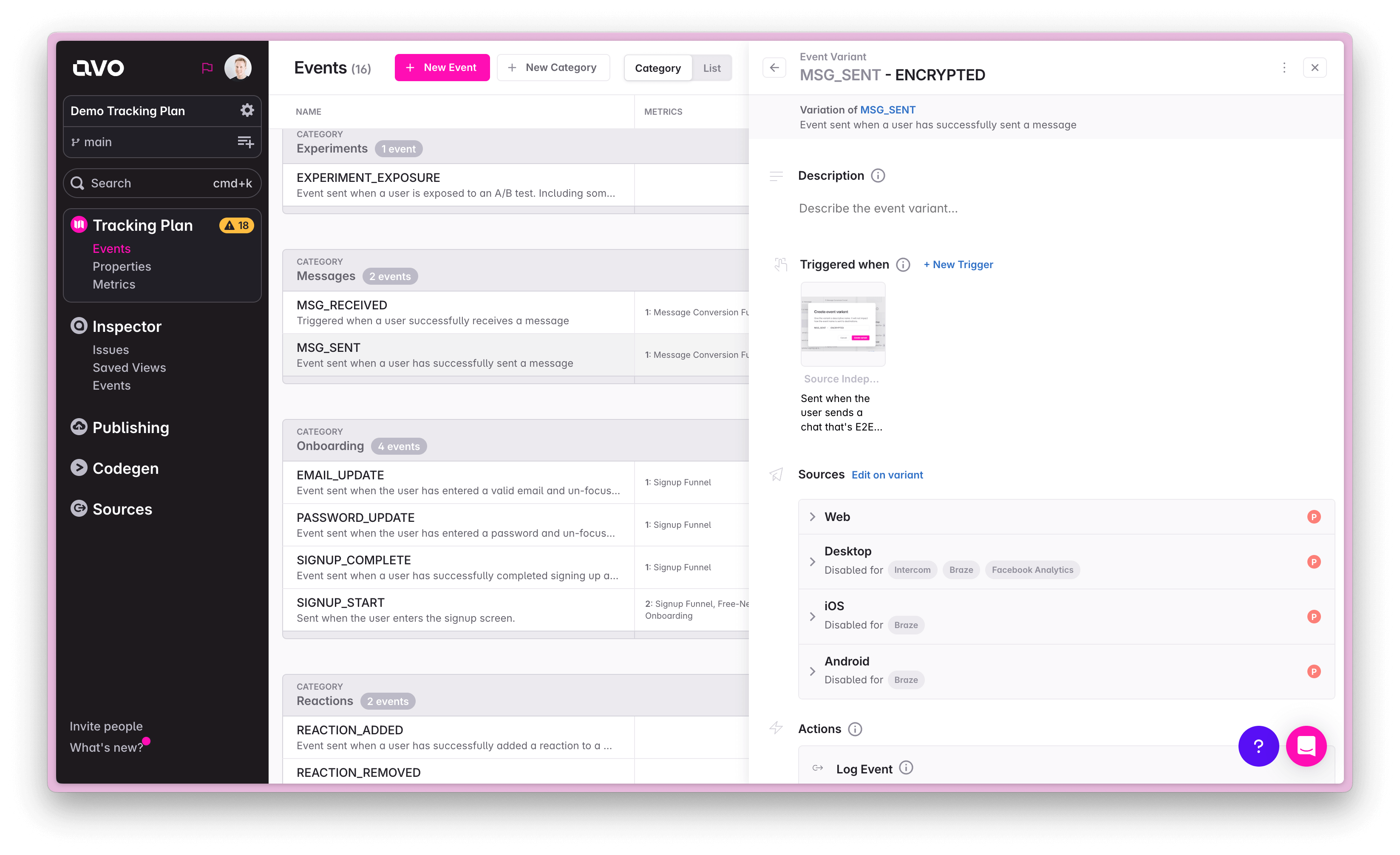 Screenshot of an event variant view