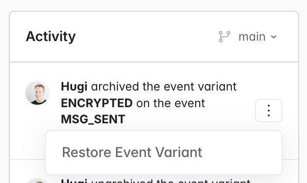Screenshot of the option to restore an event variant from the workspace overview activity log