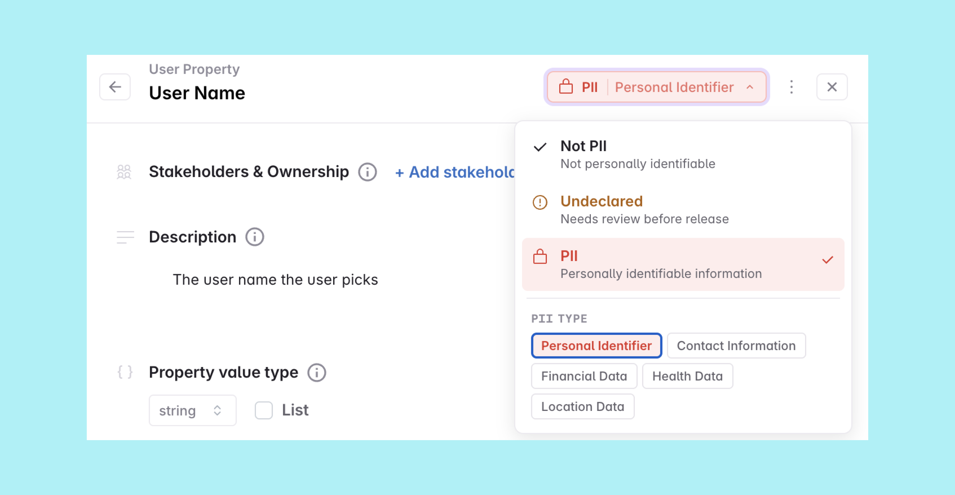 The PII pill open in the property detail header with the Not PII, Undeclared and PII options and a PII type picker