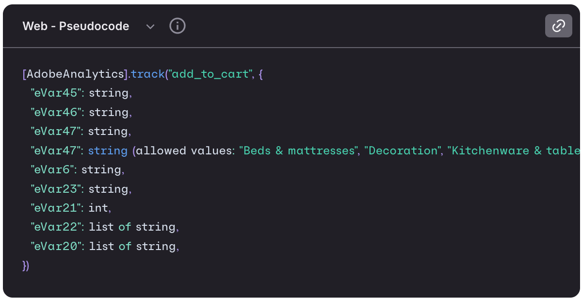 Example of a pseudocode snippet for an event with eVars and props mapped directly in Avo