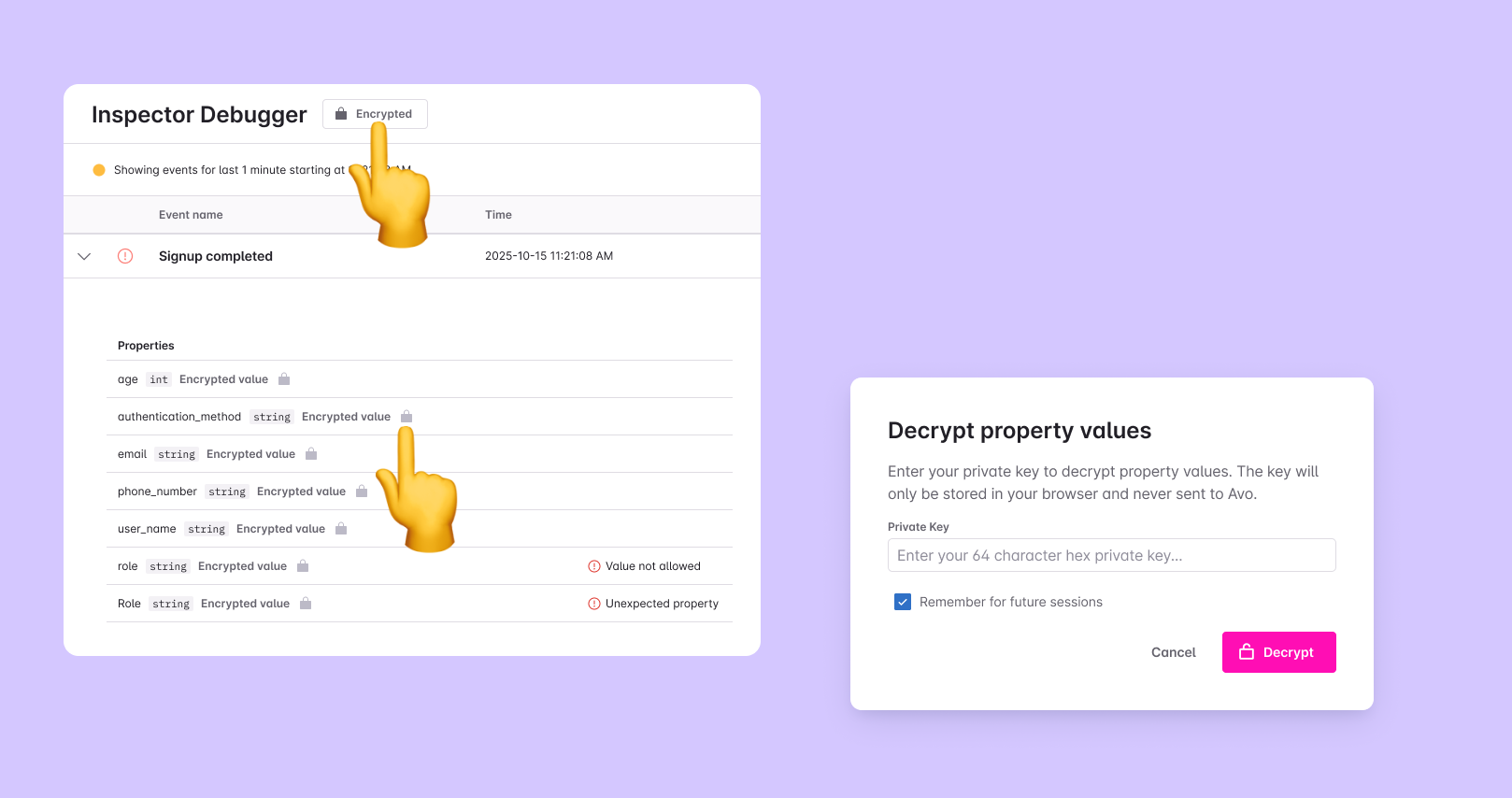 Decrypt property values dialog