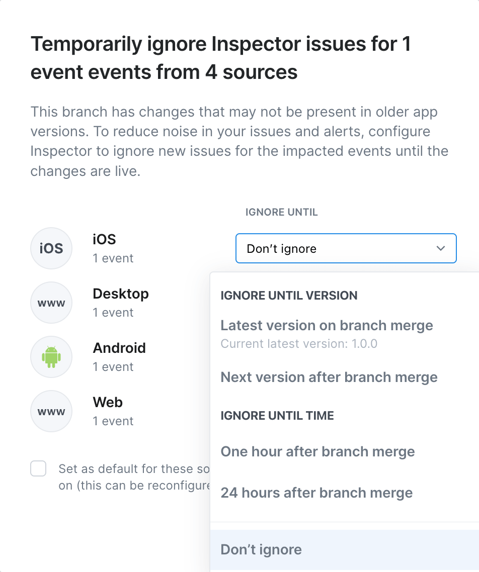 Image shows a modal where you can configure issue ignoring for each
source
