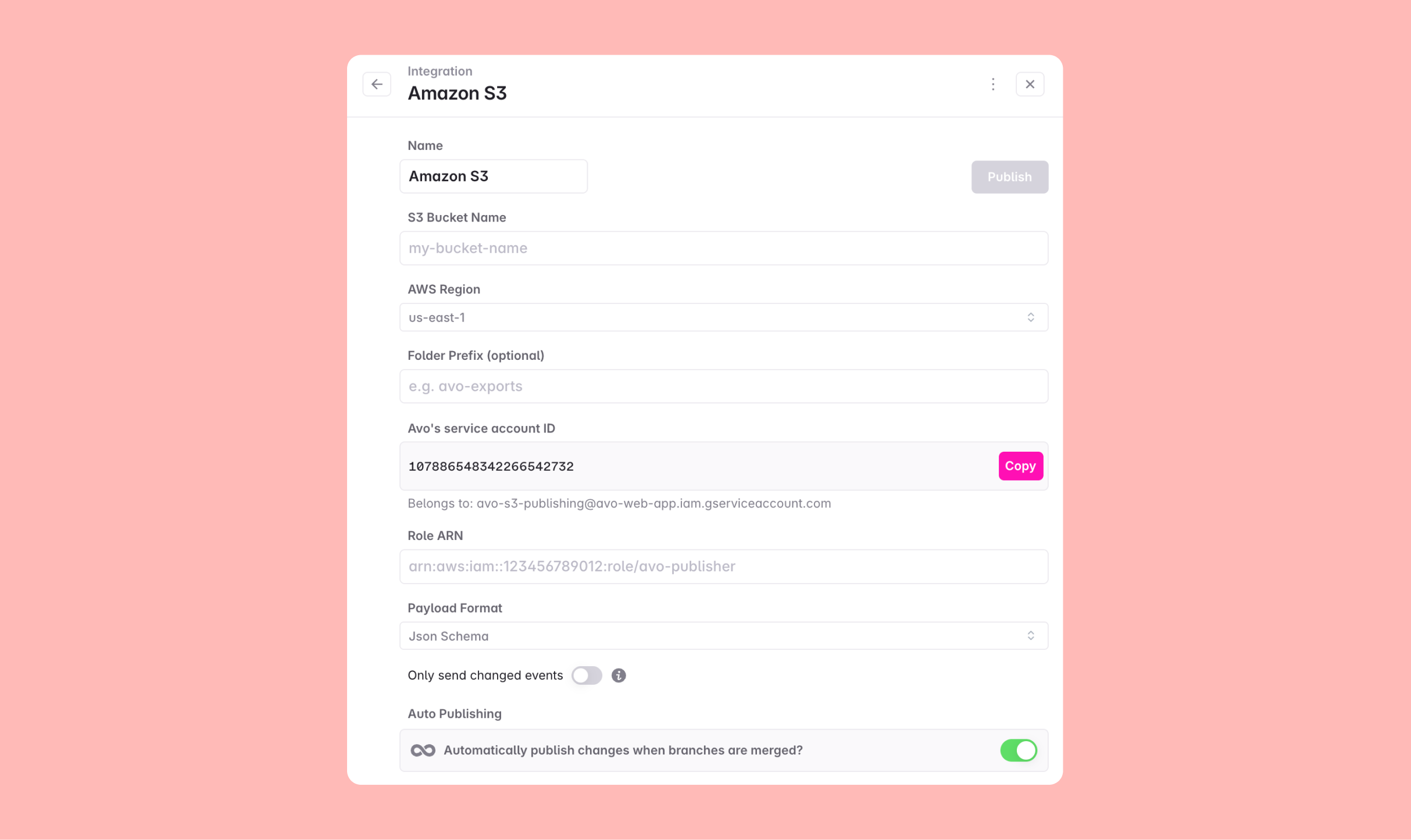 The Amazon S3 integration configuration form in Avo